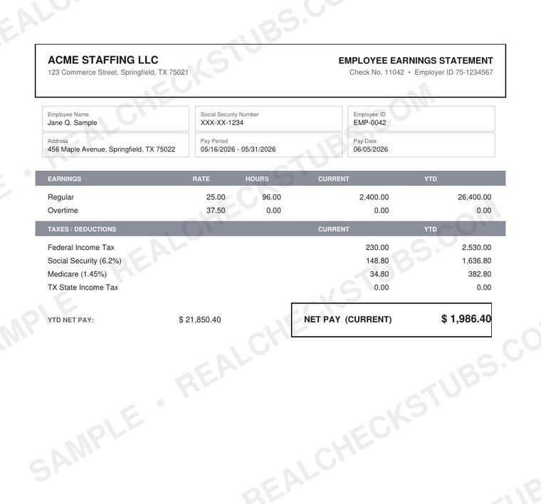 Payroll Pro (Advanced) pay stub template, watermarked sample with fictional data