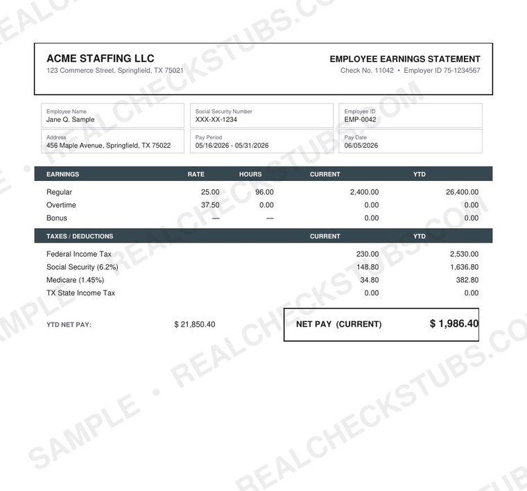 Corporate (Advanced 2) pay stub template, watermarked sample with fictional data