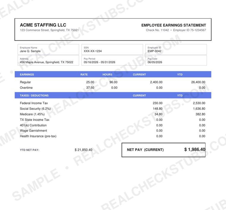 Detail Grid (Advanced 3) pay stub template, watermarked sample with fictional data