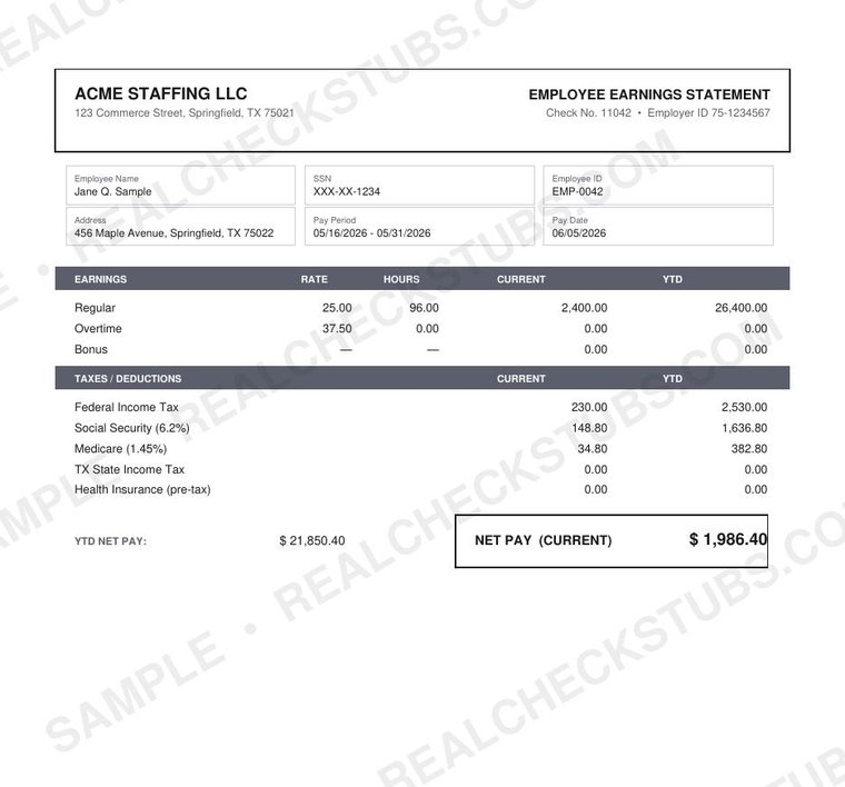 Statement (Advanced 5) pay stub template, watermarked sample with fictional data