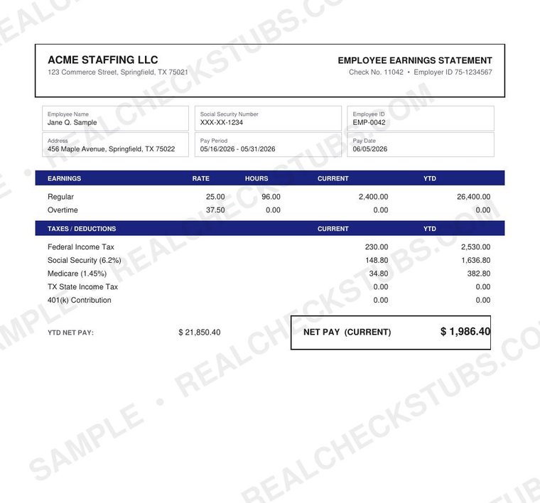 Executive (Advanced 6) pay stub template, watermarked sample with fictional data
