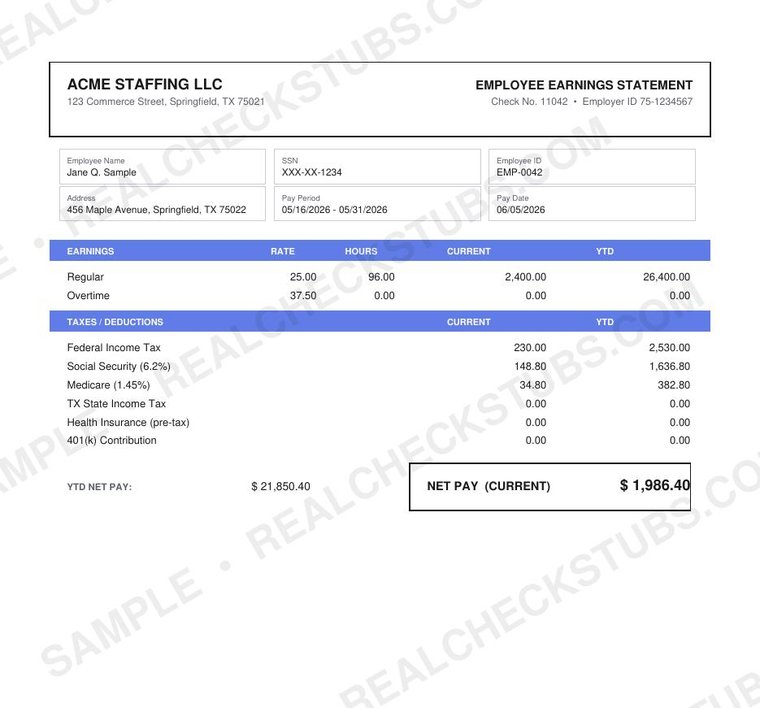 Ledger Pro (Advanced 7) pay stub template, watermarked sample with fictional data