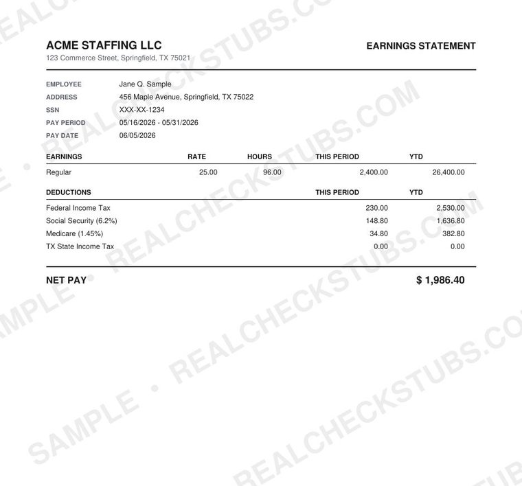 Original (Classic) pay stub template, watermarked sample with fictional data