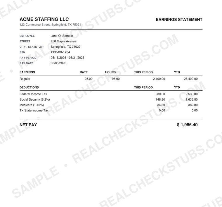 Original II (Classic 2) pay stub template, watermarked sample with fictional data