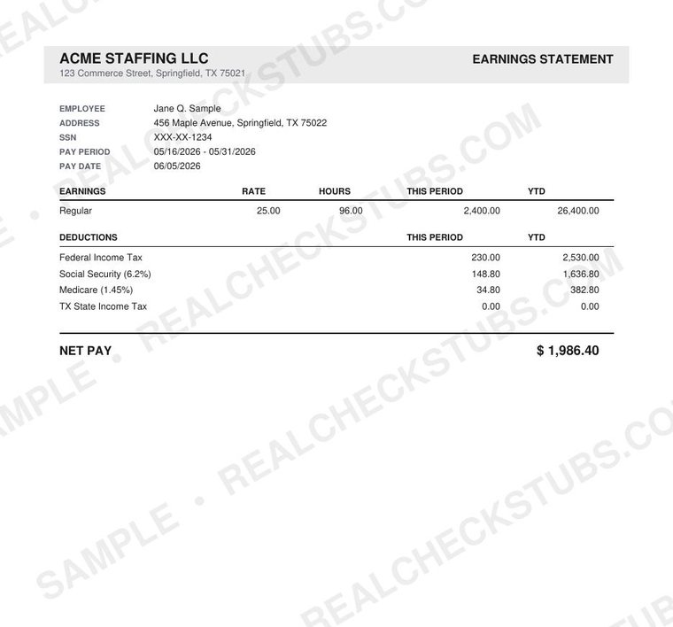 Express (Classic 3) pay stub template, watermarked sample with fictional data