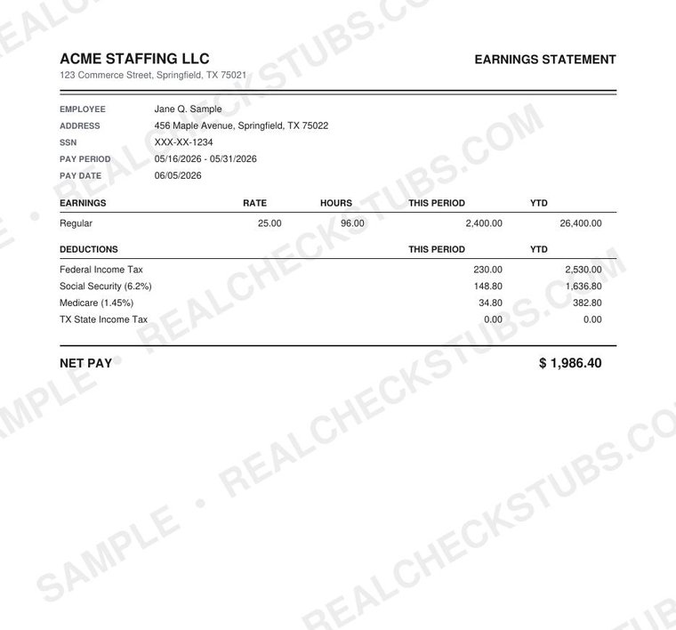 Crew (Classic 4) pay stub template, watermarked sample with fictional data