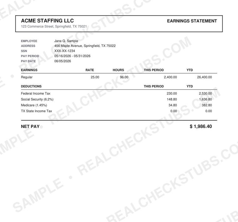 Checkbook (Classic 5) pay stub template, watermarked sample with fictional data