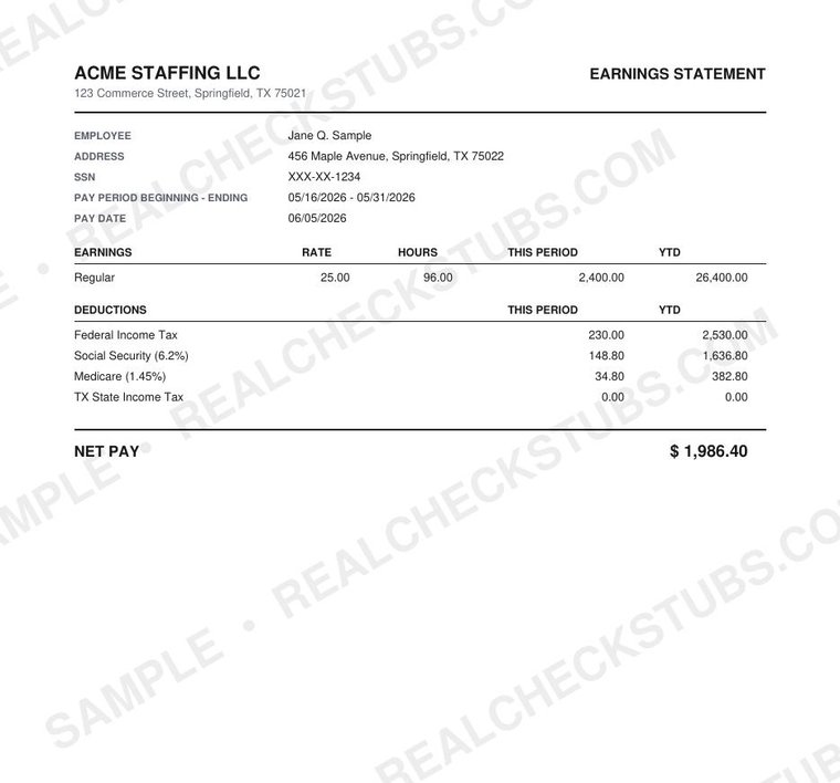 Standard (Classic 6) pay stub template, watermarked sample with fictional data