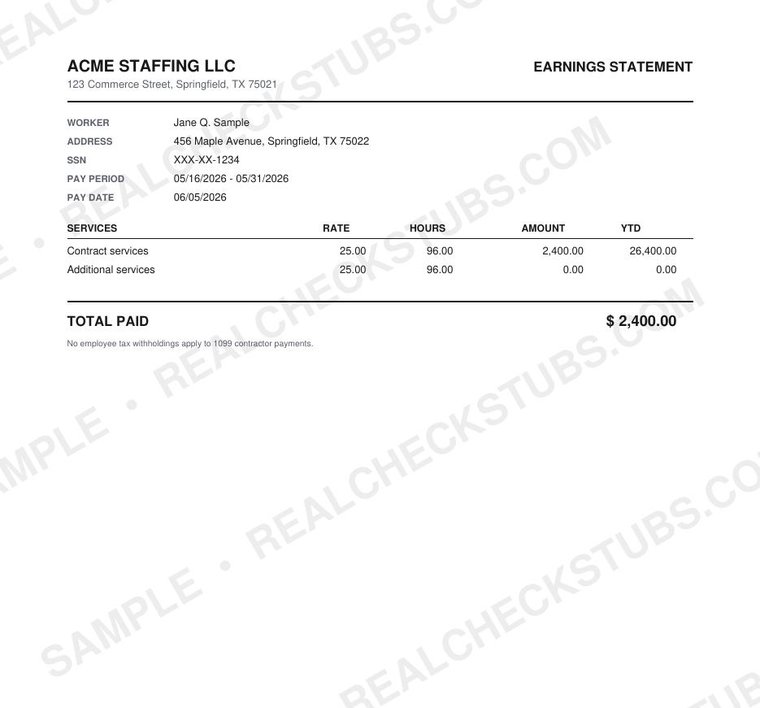 Invoice Plus (Classic 7) pay stub template, watermarked sample with fictional data
