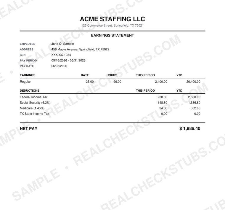 Letterhead (Classic 8) pay stub template, watermarked sample with fictional data