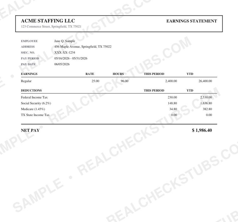 Heritage (Classic 9) pay stub template, watermarked sample with fictional data