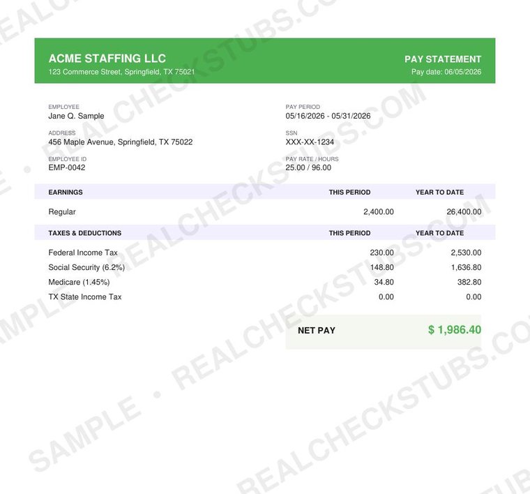 Skyline (Modern) pay stub template, watermarked sample with fictional data