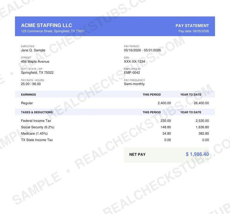 Skyline II (Modern 2) pay stub template, watermarked sample with fictional data