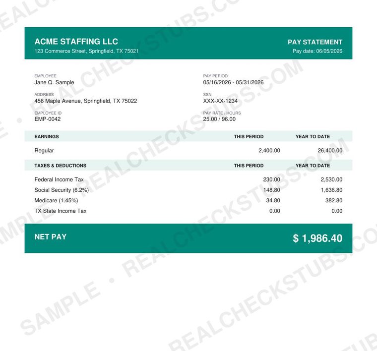 Metro (Modern 3) pay stub template, watermarked sample with fictional data