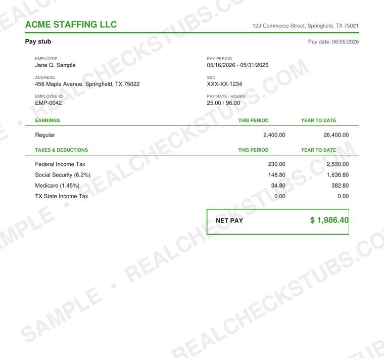 Bookkeeper (Modern 4) pay stub template, watermarked sample with fictional data
