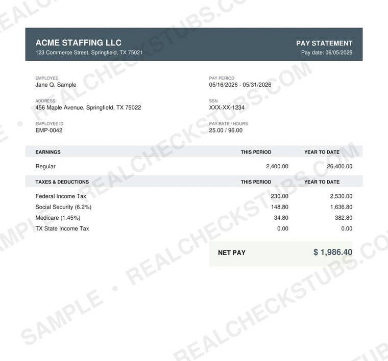 Broadway (Modern 5) pay stub template, watermarked sample with fictional data