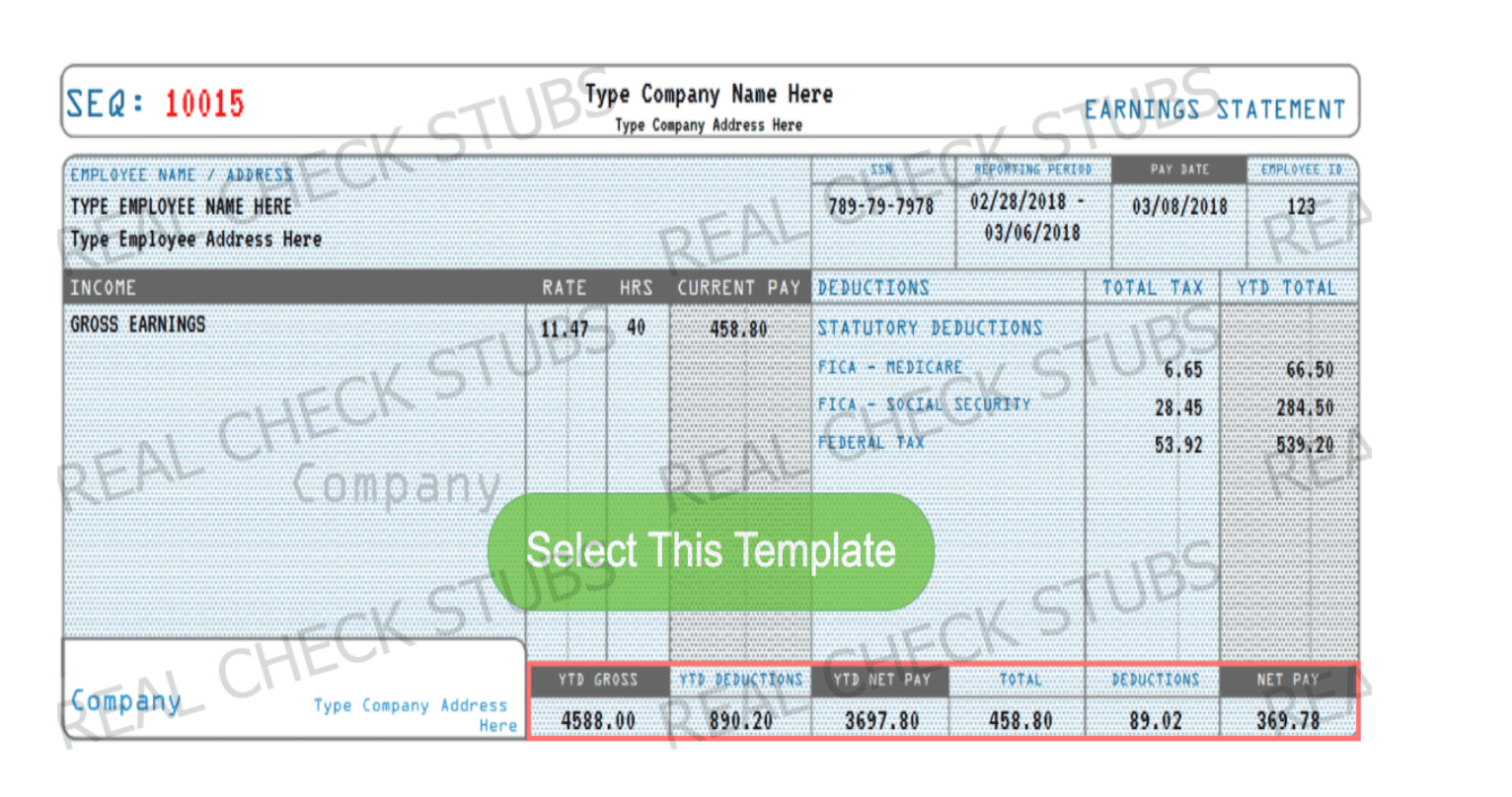 Paystub with Gross pay and net pay highlighted