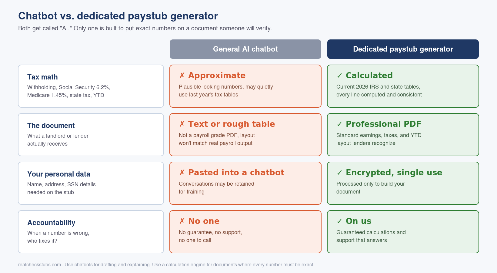 Comparison of a general AI chatbot vs a dedicated AI paystub generator on tax math, document format, data privacy and accountability
